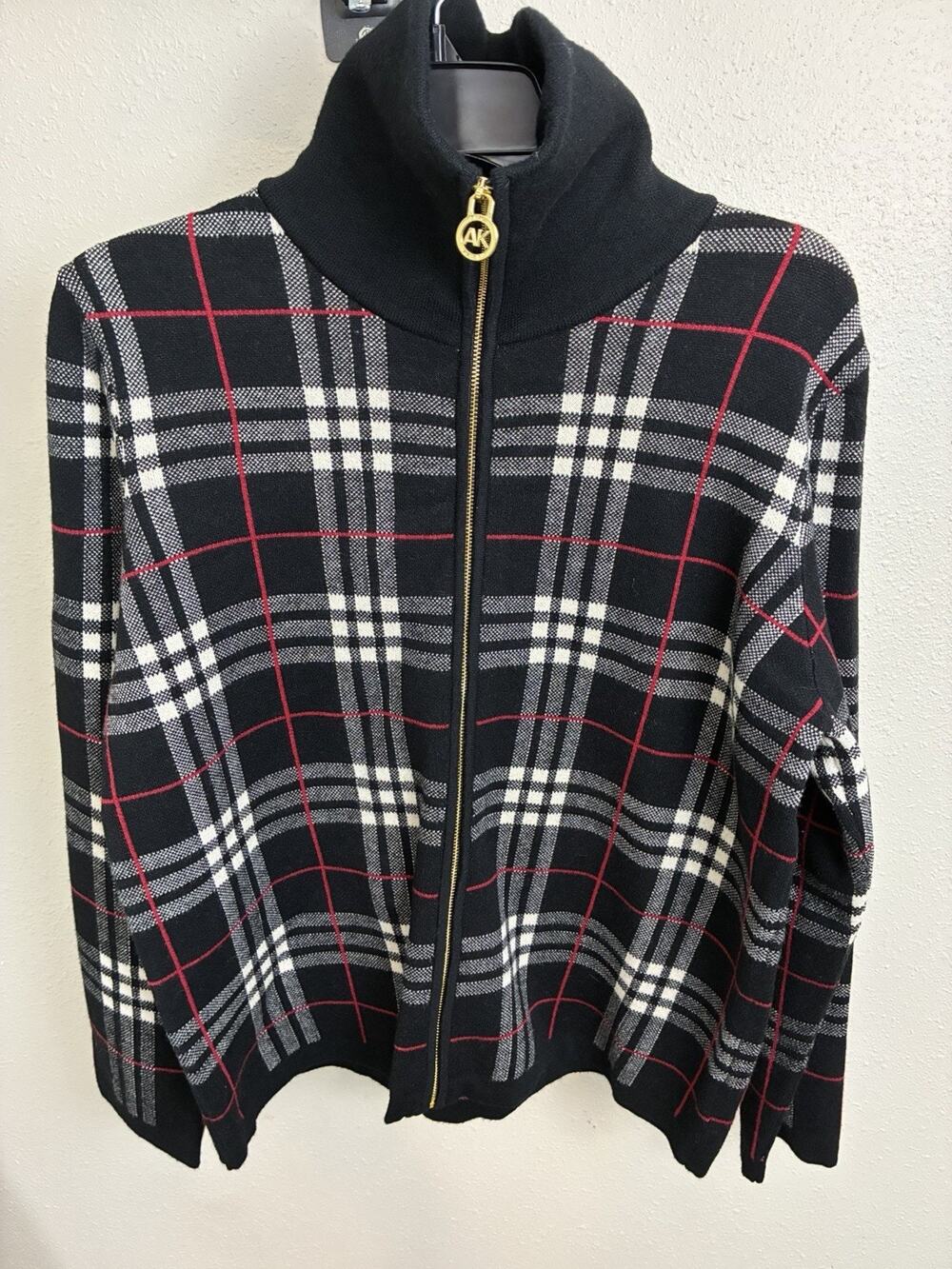 Anne Klein Women's Black & Red Plaid Knit Zip-Front Cardigan Jacket Size M